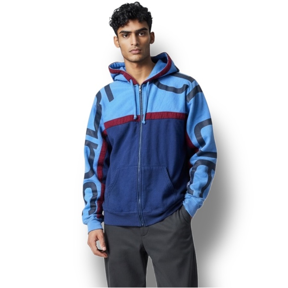 Supreme Mens Big Logo Paneled Zip Up Hooded Sweatshirt Navy Blue Red FW20 M